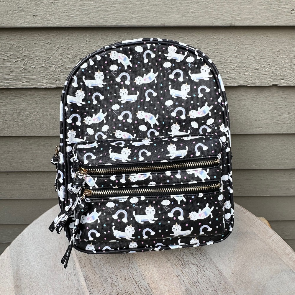 Under One Sky Caticorn Rainbow Mini Backpack Black Faux Leather Kawaii Bag - Picture 6 of 11